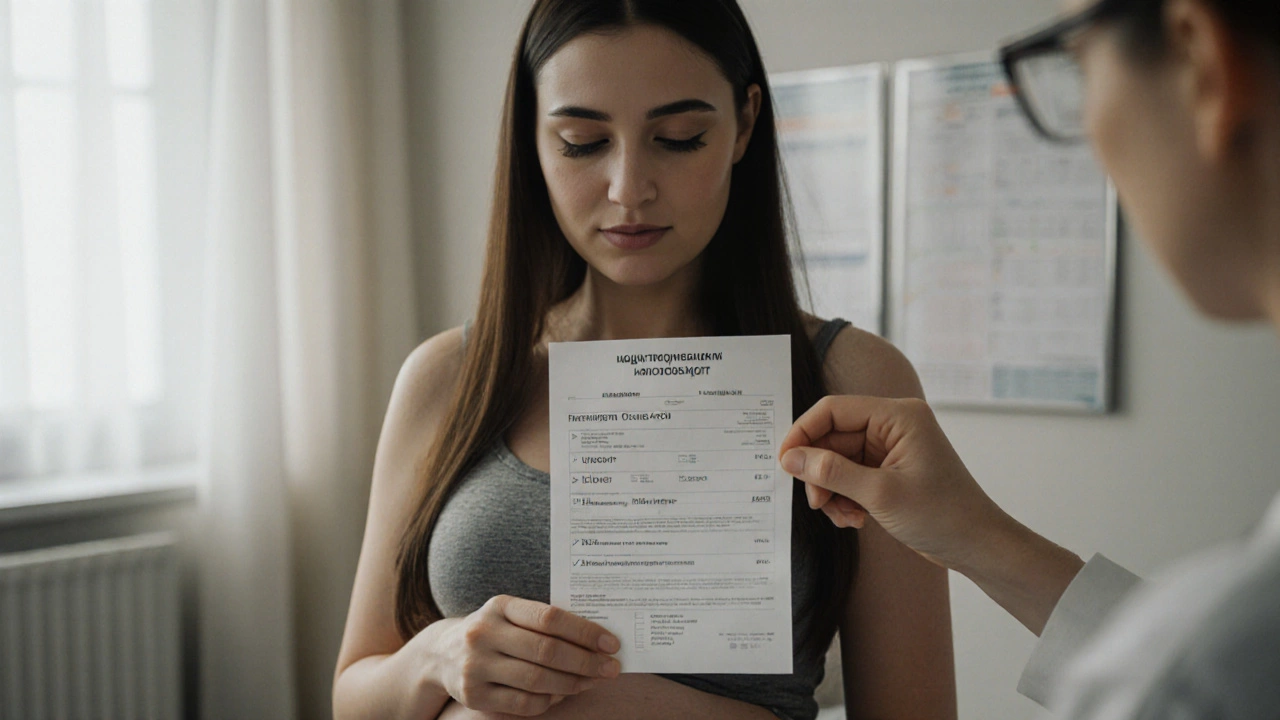 Беременная женщина смотрит на результат анализа крови группы AB и резус-отрицательный фактор.