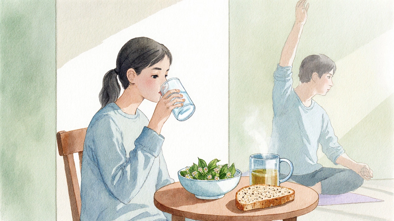 Человек пьёт воду, рядом травяной чай, овощи и лёгкая поза йоги в акварельной стилистике.