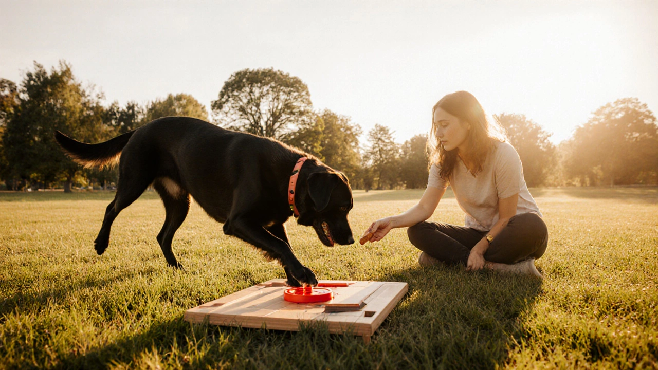 Лабрадор нажимает кнопку на площадке, владелец улыбается в парке.