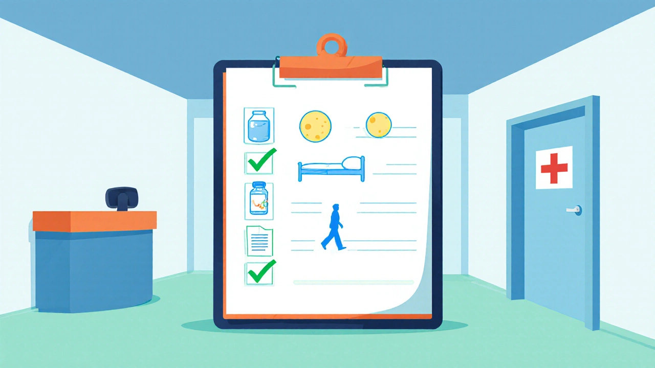 Плоская иллюстрация чек‑листа подготовки к сдаче крови с отмеченными пунктами и тематическими иконками.