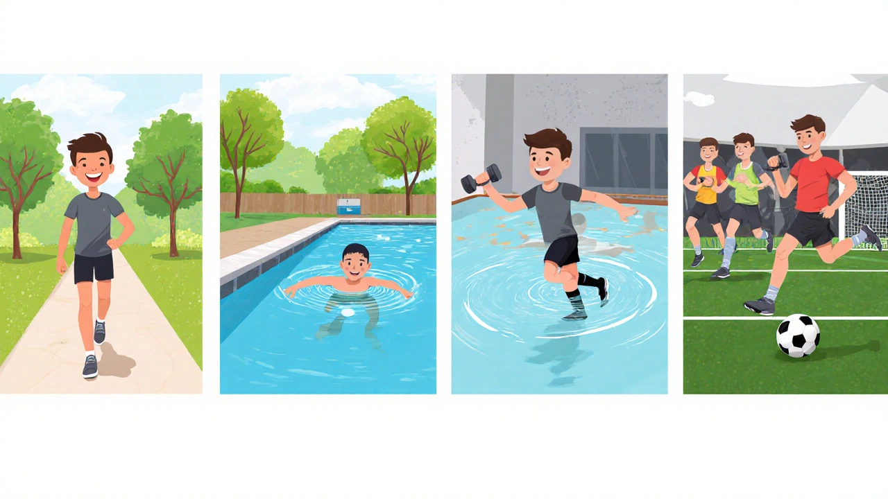 Последовательные этапы реабилитации: прогулка, плавание, легкая силовая тренировка, спорт.