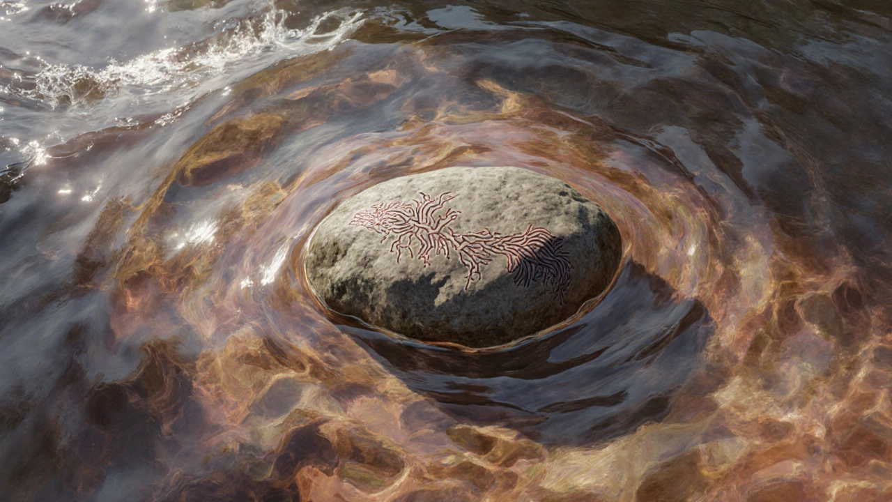 Символическое изображение фибромы как камня в течении печеночной ткани, не нарушающего ее функцию.