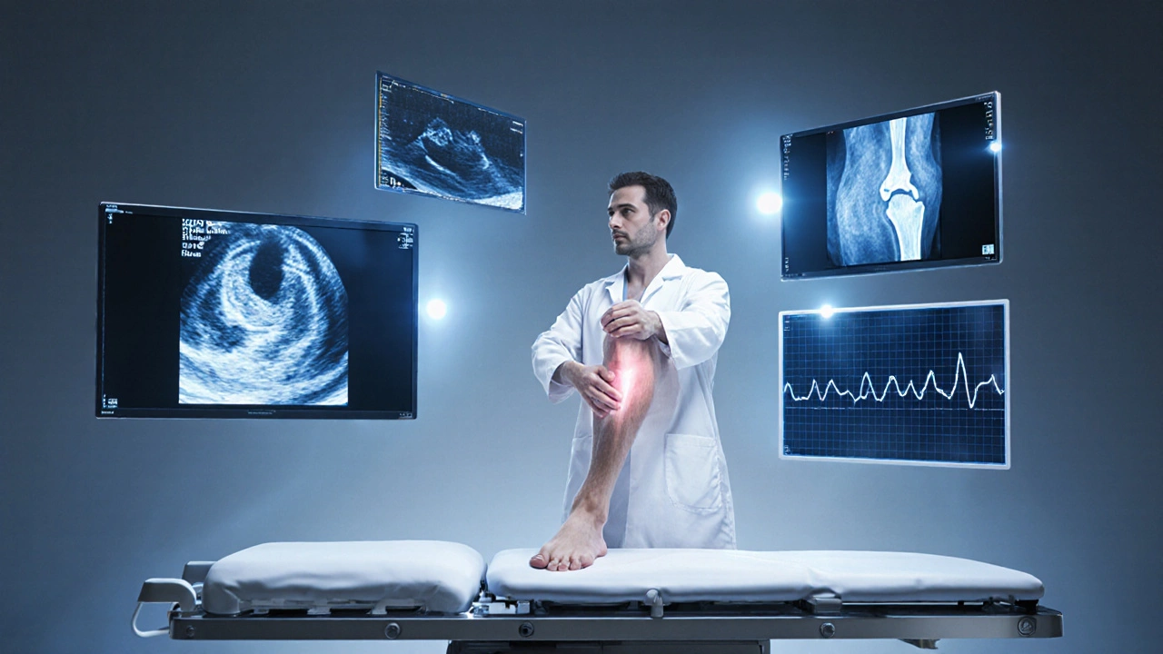 Врач изучает УЗИ, рентген, МРТ и ЭМГ снимки повреждённого сустава.
