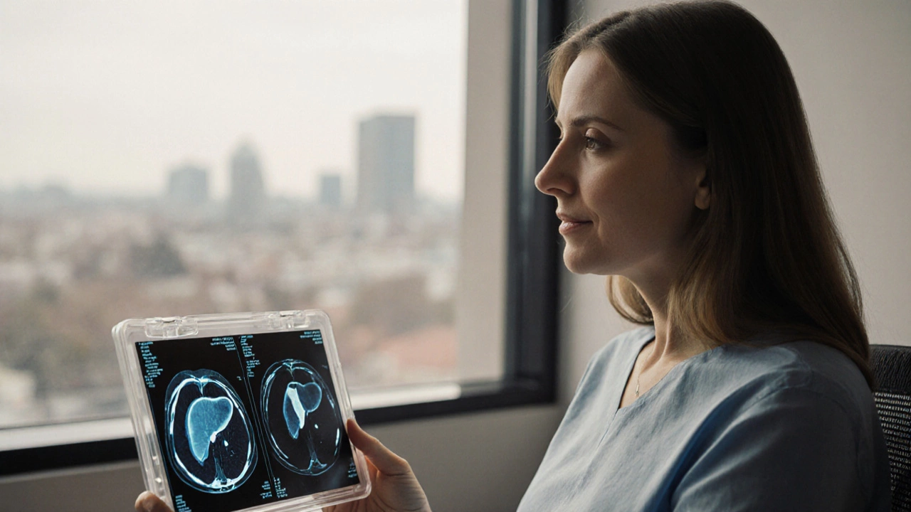 Женщина смотрит на МРТ-снимок печени с фибромой, спокойно сидя в офисе.