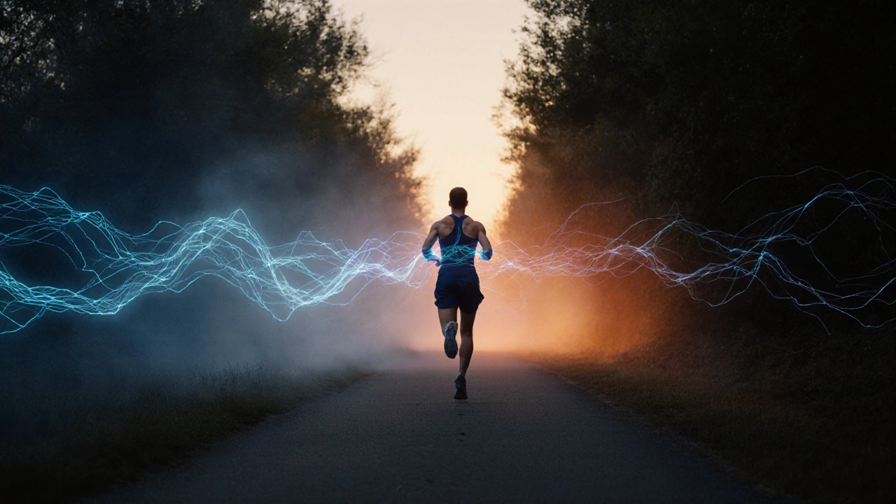 Бегун на рассвете, вокруг него светящиеся линии — кровоток и восстановление.
