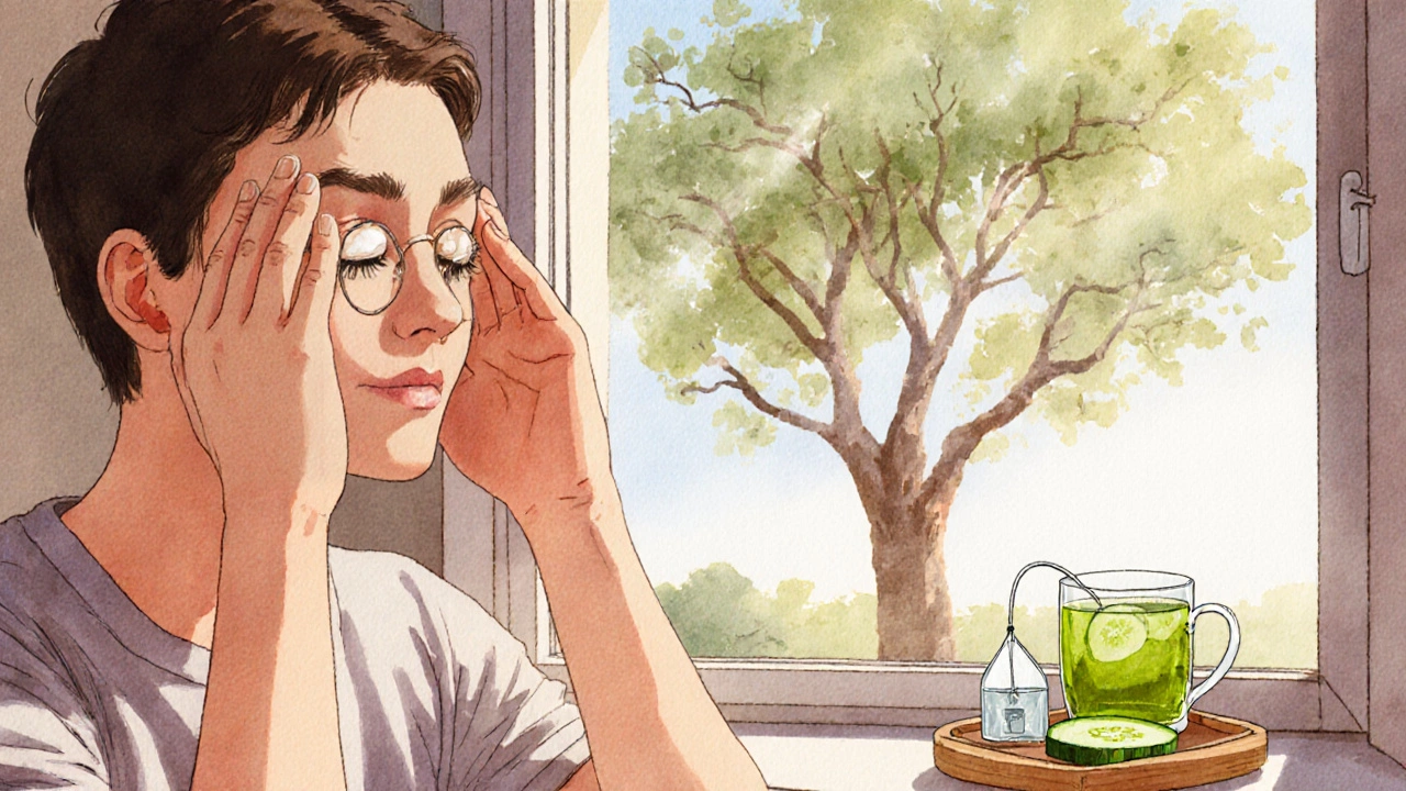 Человек делает гимнастику для глаз у окна, на подоконнике — огурец и чайный пакетик.