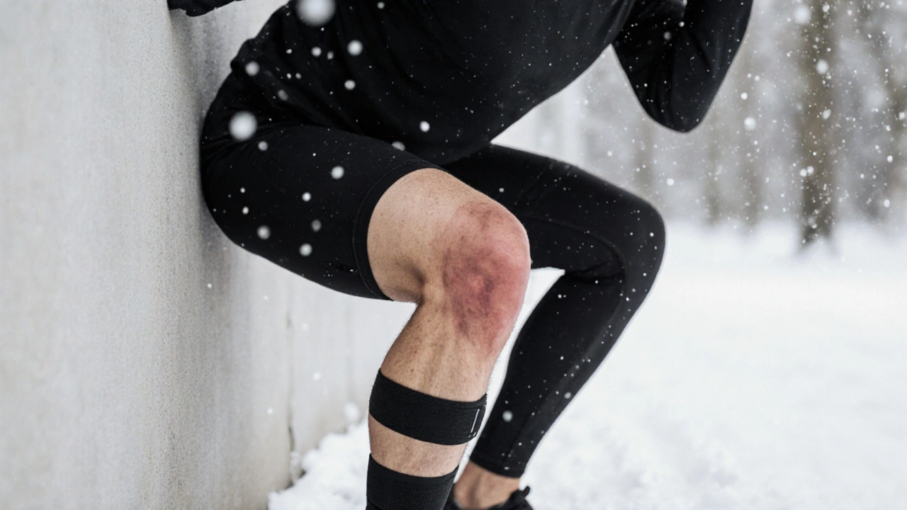 Человек осторожно выполняет приседание у стены после травмы, на ноге виден затухающий синяк.