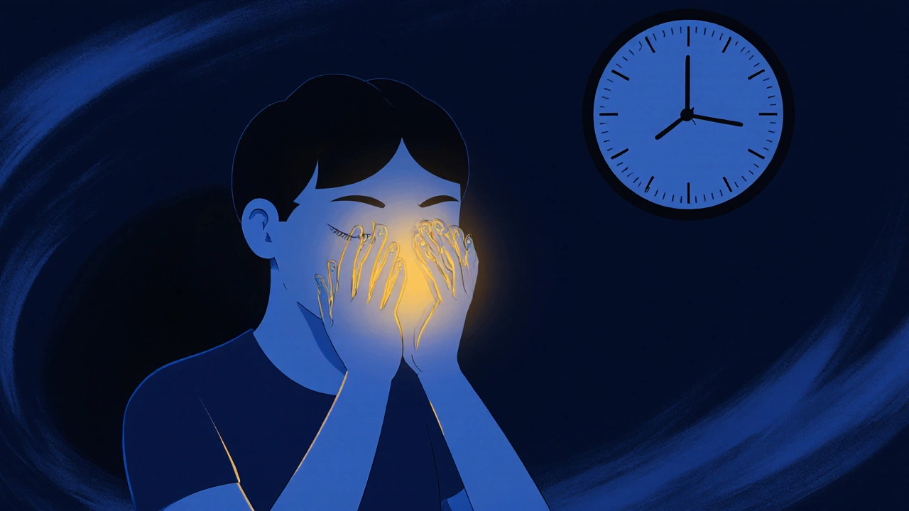 Человек закрывает глаза ладонями в темноте — техника пальминг для расслабления глаз.