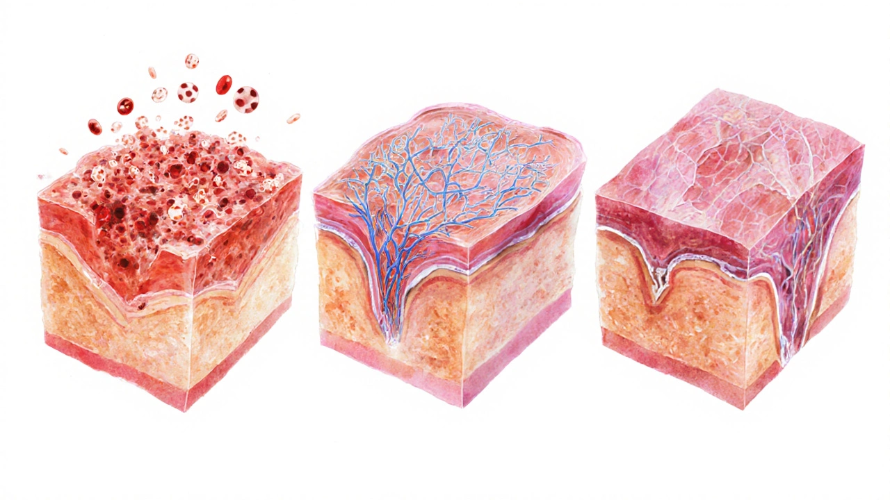 Художественное изображение трех фаз заживления тканей: воспаление, восстановление и ремоделирование.