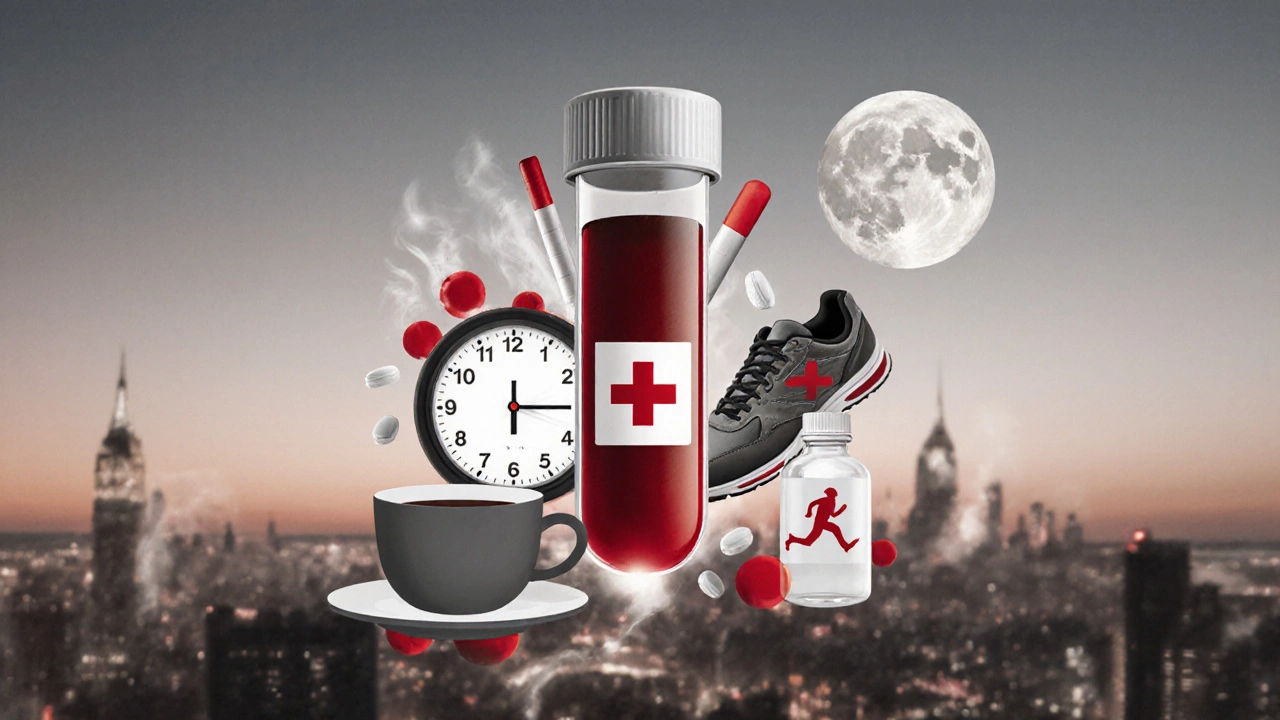 Кровяная пробирка окружена символами, искажающими результаты анализа: кофе, сигарета, обувь для бега, таблетки, луна.