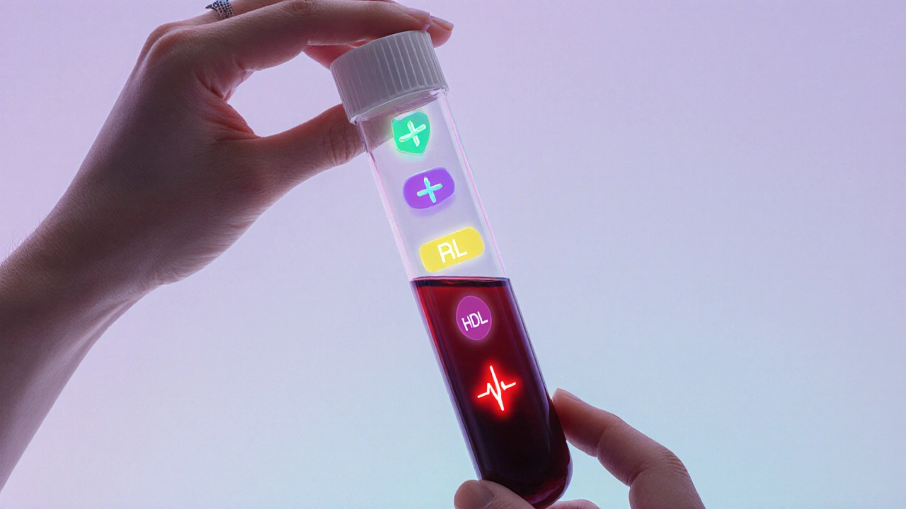 Кровяная пробирка с символами электролитов и холестерина, один из них светится красным предупреждением.