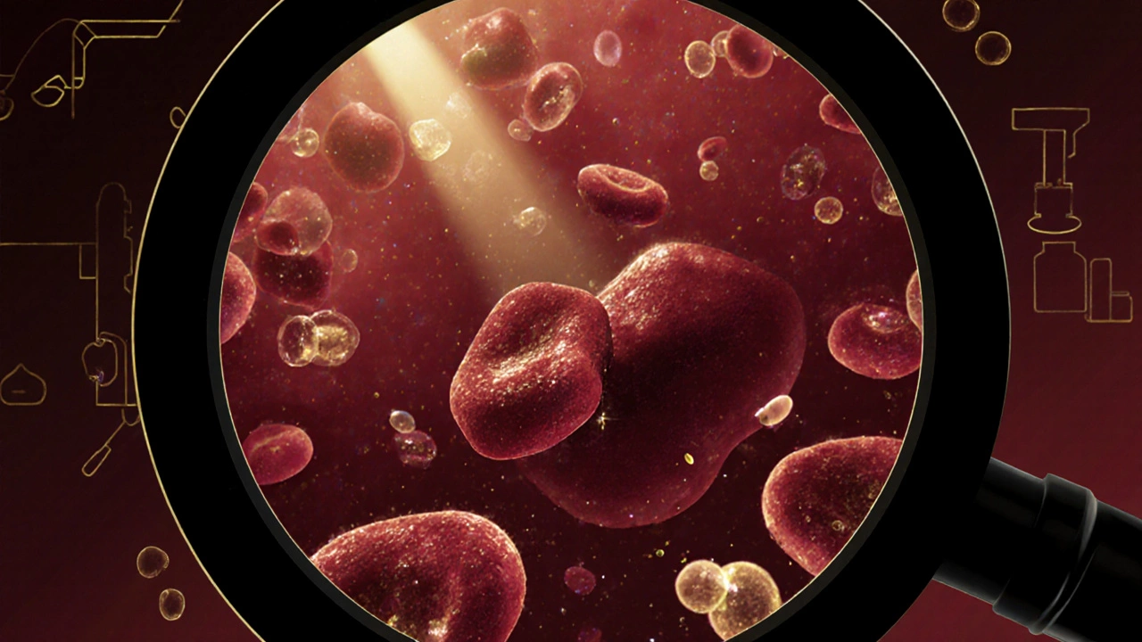 Под микроскопом кровь с жировыми частицами, искажающими измерения сахара и холестерина.