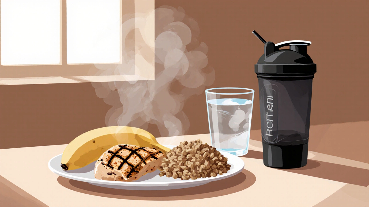 Послетренировочная еда: курица, рис и банан на тарелке с водой.