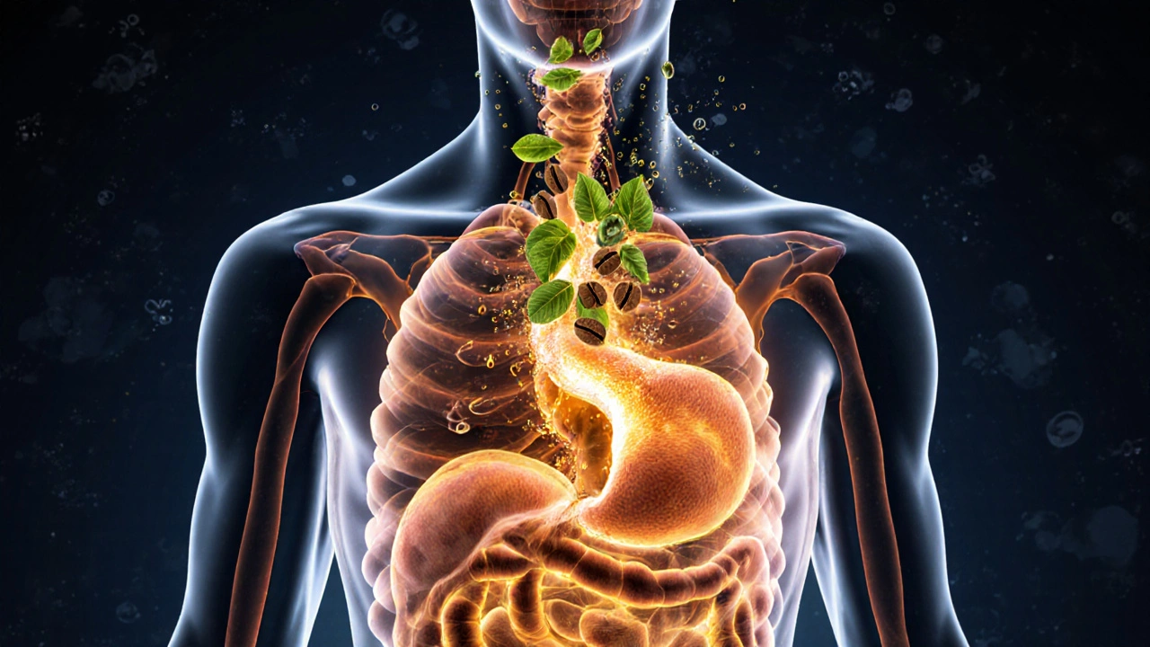 Прозрачное изображение тела с внутренними процессами: зеленый чай и кофе стимулируют сжигание жира потоками энергии.