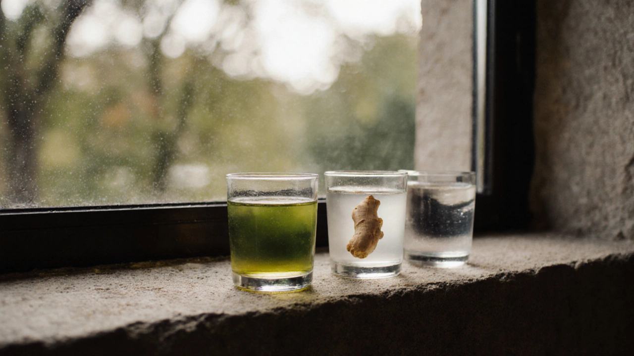 Ритуал дня: четыре напитка в одном кадре — вода, зеленый чай, имбирный напиток и вечерняя вода на подоконнике.