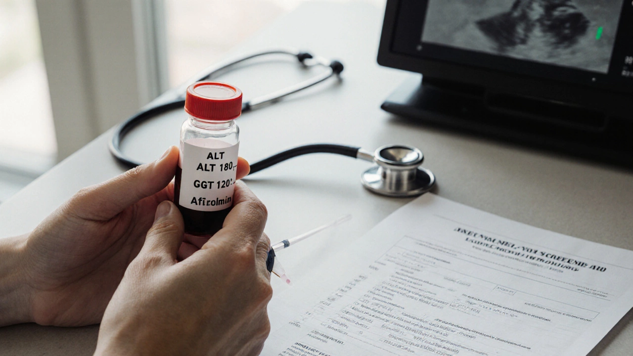 Рука с кровью для анализа и лабораторный отчет с отклонениями по печени