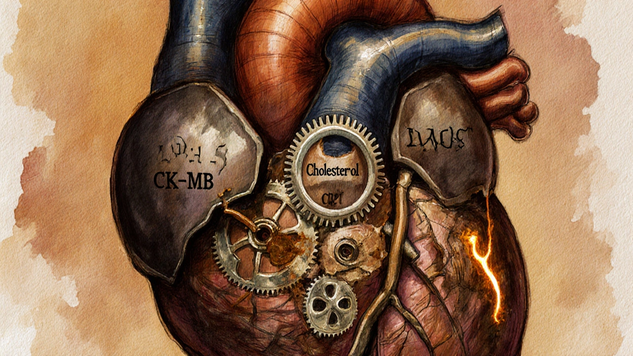 Сердце как механические часы с поврежденными шестернями и признаками воспаления по краям.