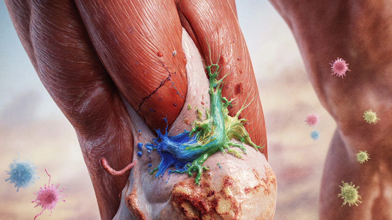 Схематическое изображение внутреннего заживления синяка: кровь меняет цвет от синего к зеленому и желтому.