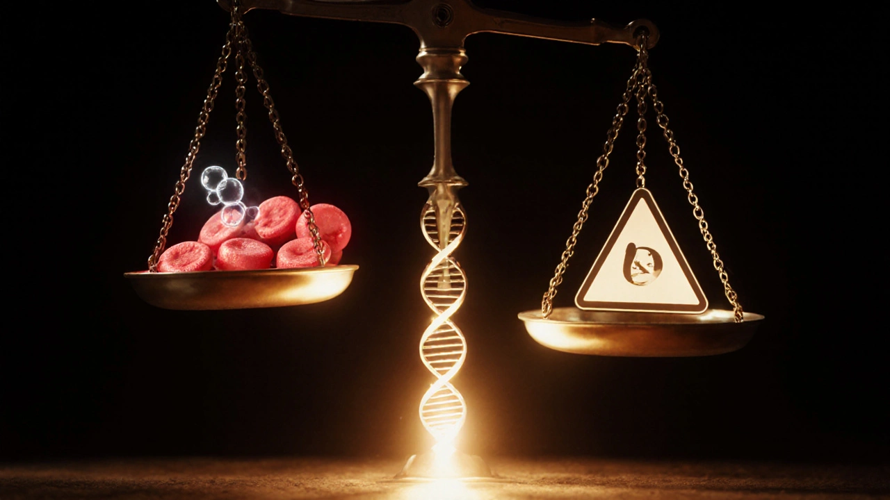 Символическая сбалансированная шкала: железо и эритроциты против генетической спирали — различие между дефицитом железа и талассемией.