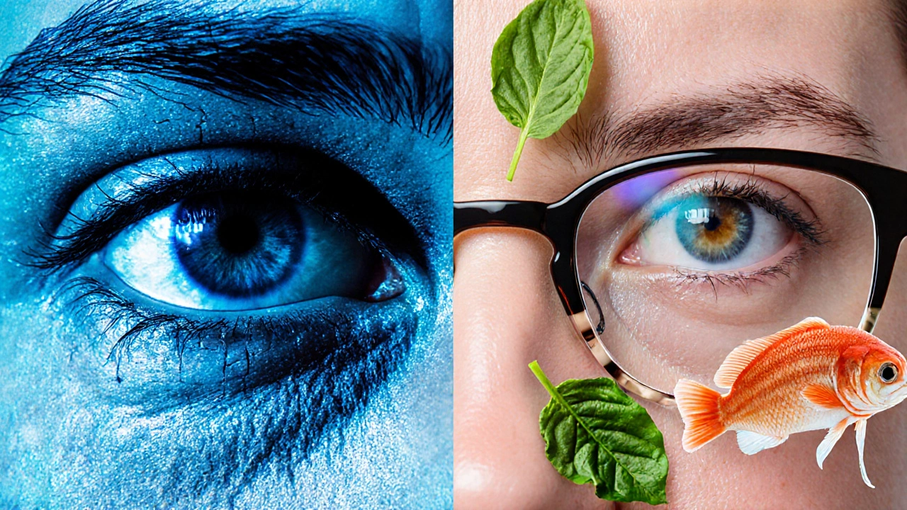 Сравнение: усталый глаз с экраном слева и здоровый глаз с защитными очками и продуктами справа.