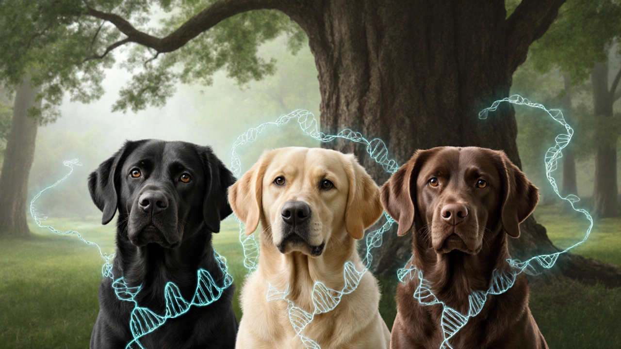 Три лабрадора с генетическими цепочками, подчеркивающими различия в наследственности