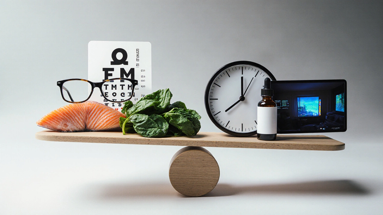 Весы: полезные продукты и очки против тёмного экрана и капель для глаз.