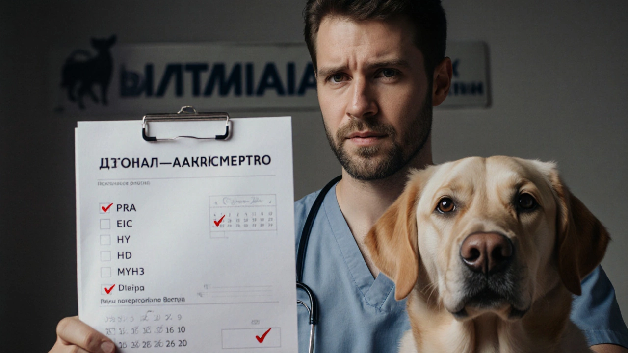 Владелец с медицинским отчетом лабрадора под знаком ветеринарной лаборатории