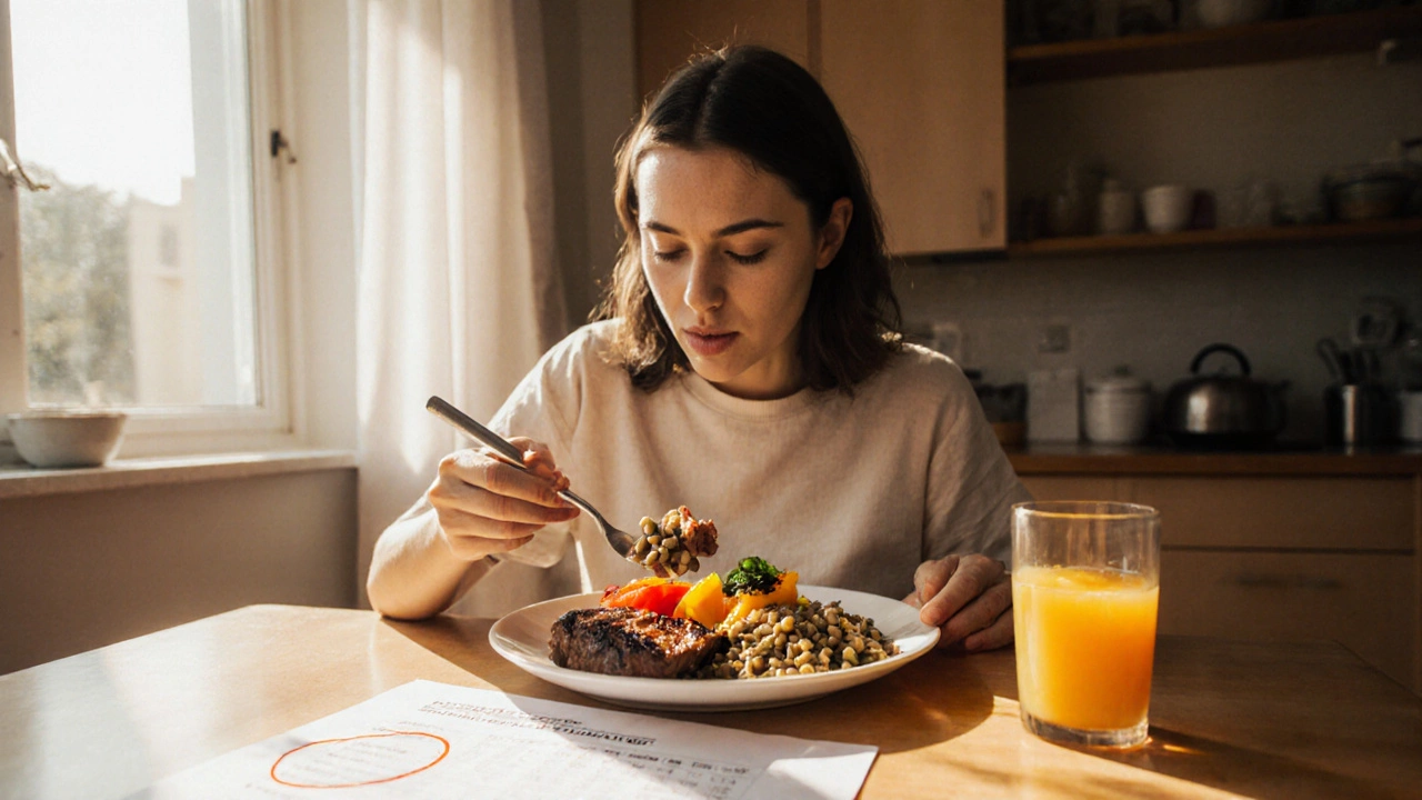 Женщина ест богатую железом пищу с цитрусовым соком на кухне при естественном свете.
