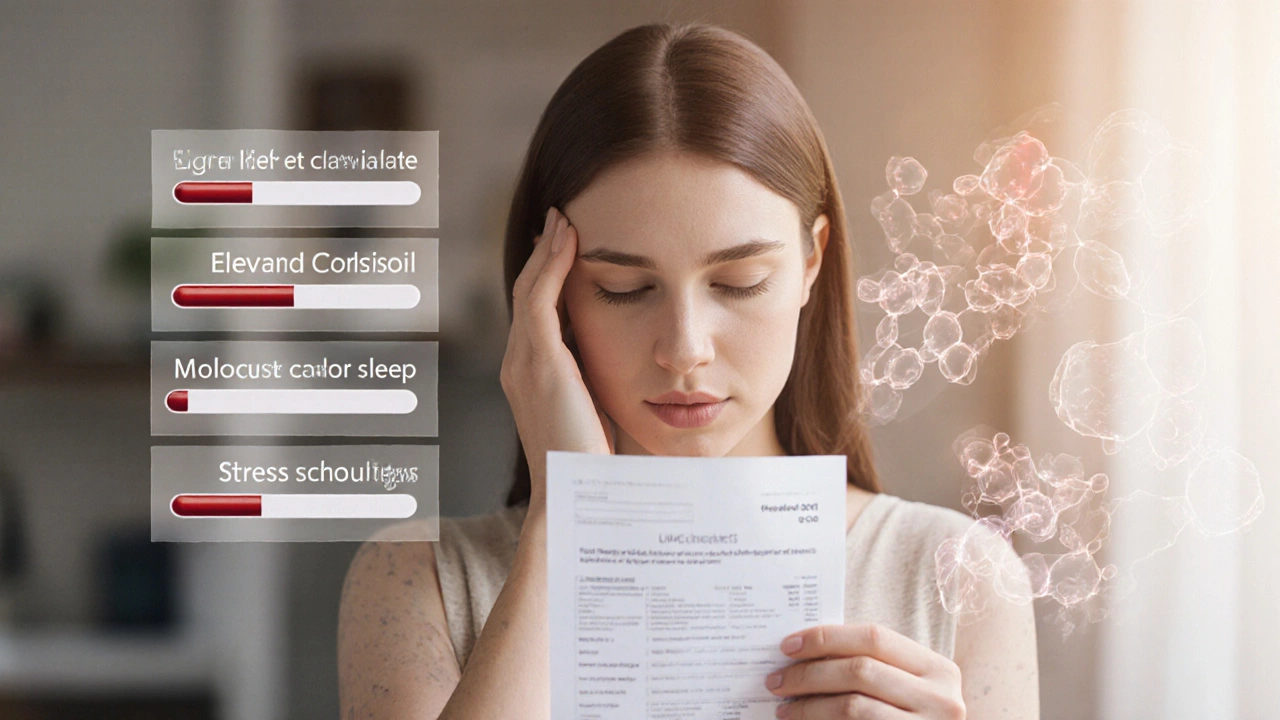 Женщина смотрит на результаты анализа крови, вокруг неё видны невидимые факторы: стресс, алкоголь, недосып, сахар.