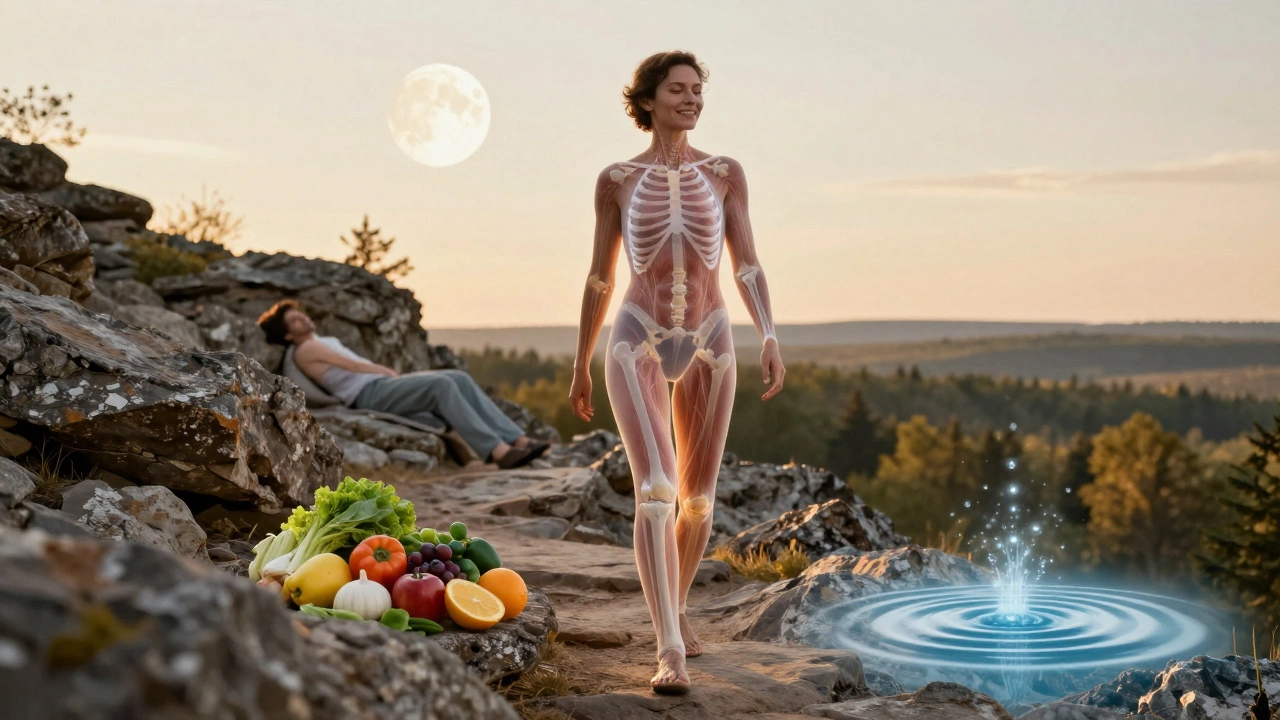 Человек идет по каменистому пути, под кожей светятся восстановленные ткани и нервы.