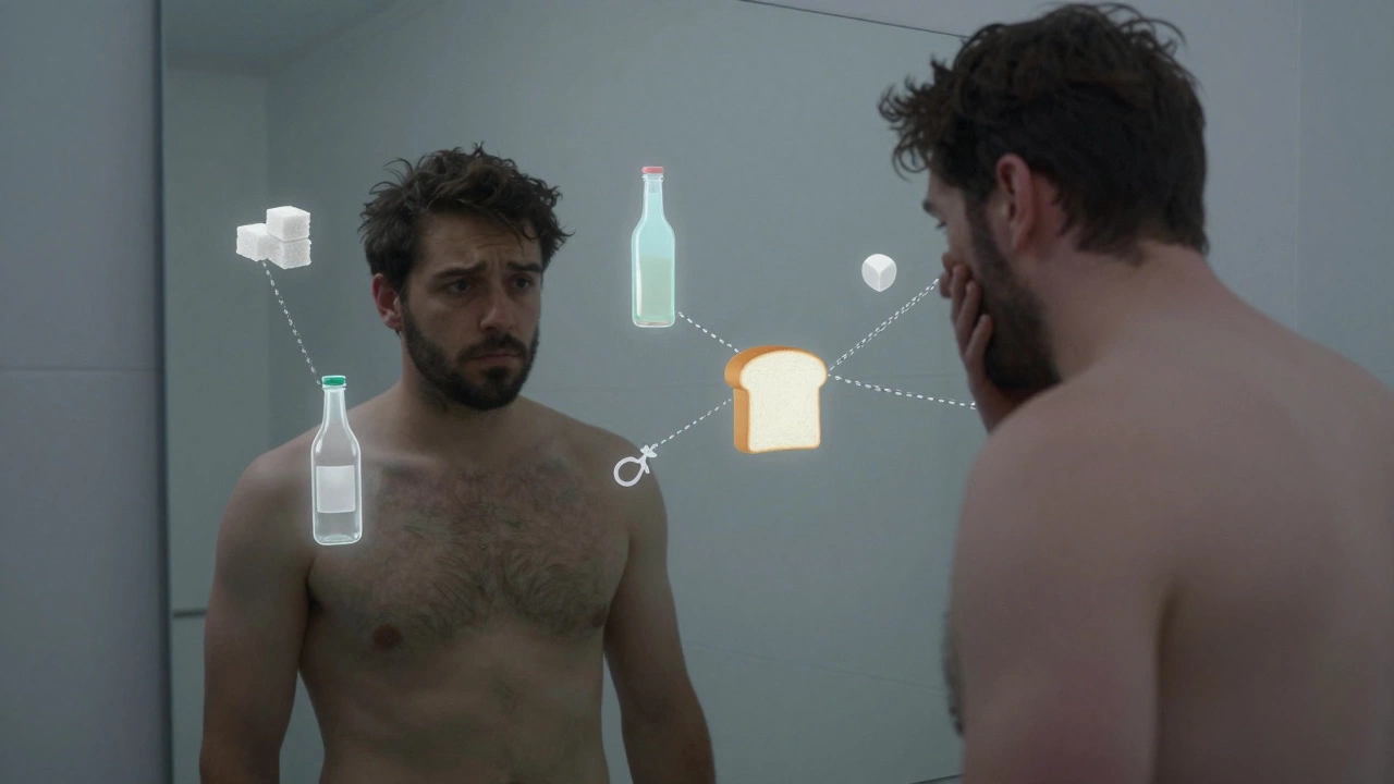 Человек перед зеркалом, чья отражённая версия выглядит стройнее, вокруг — символы вредных продуктов.