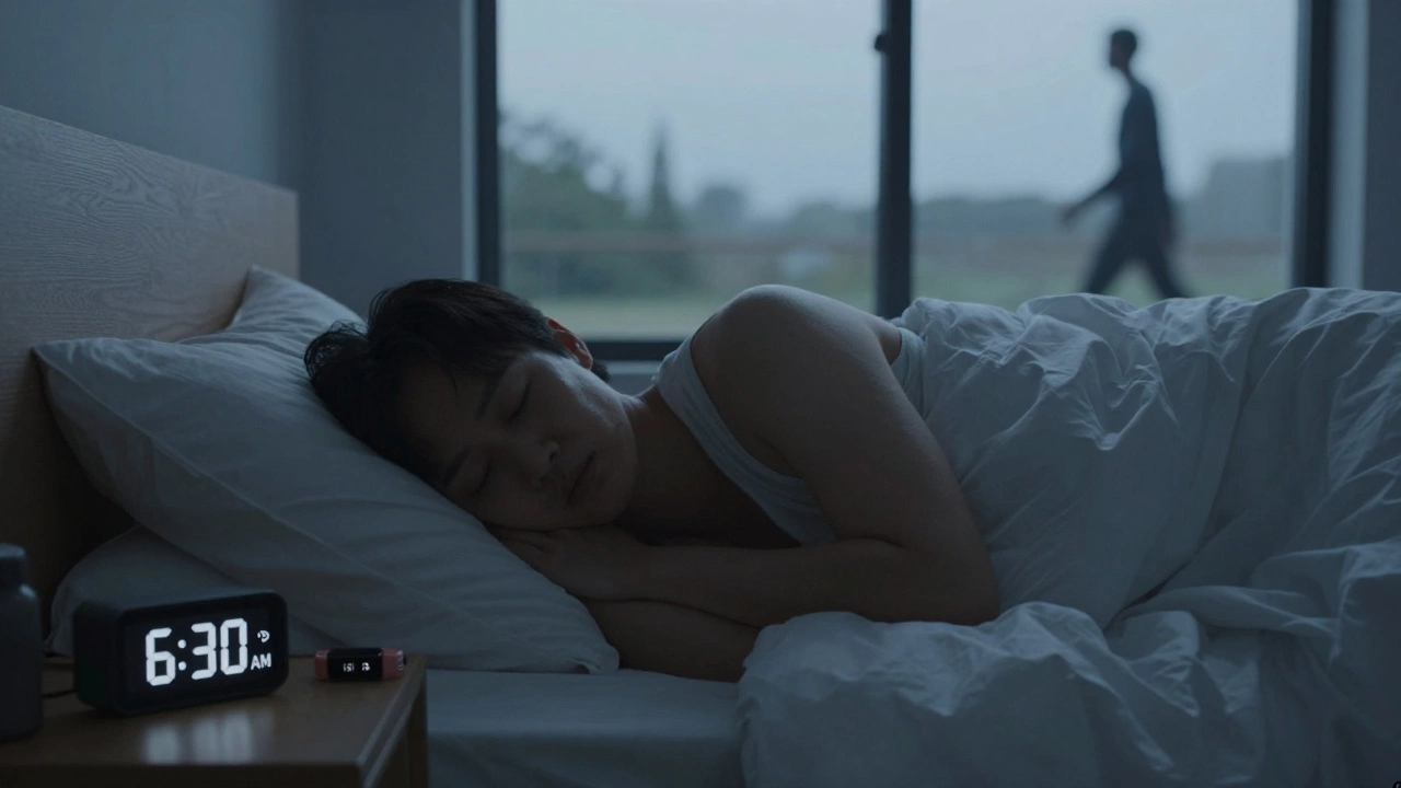 Человек спит в прохладной комнате, за окном — силуэт утренней ходьбы.