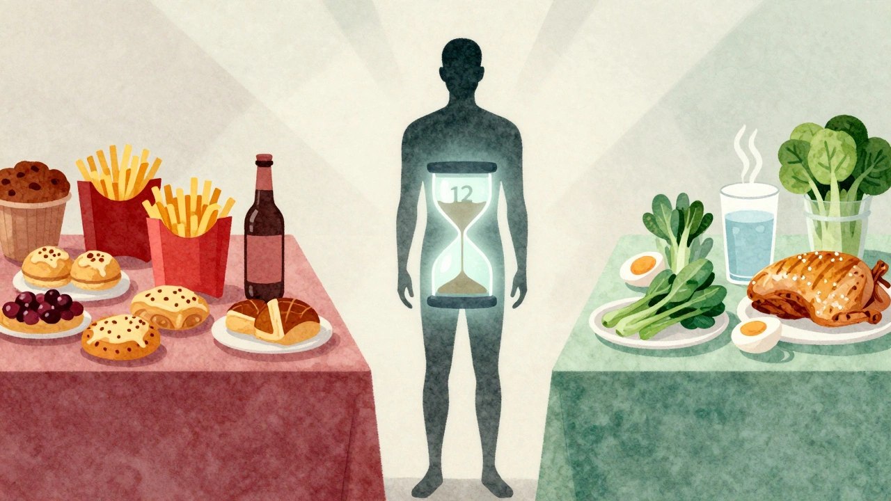 Человек стоит между двумя столами: один с вредной пищей, другой — с полезной, символизируя выбор перед анализом.