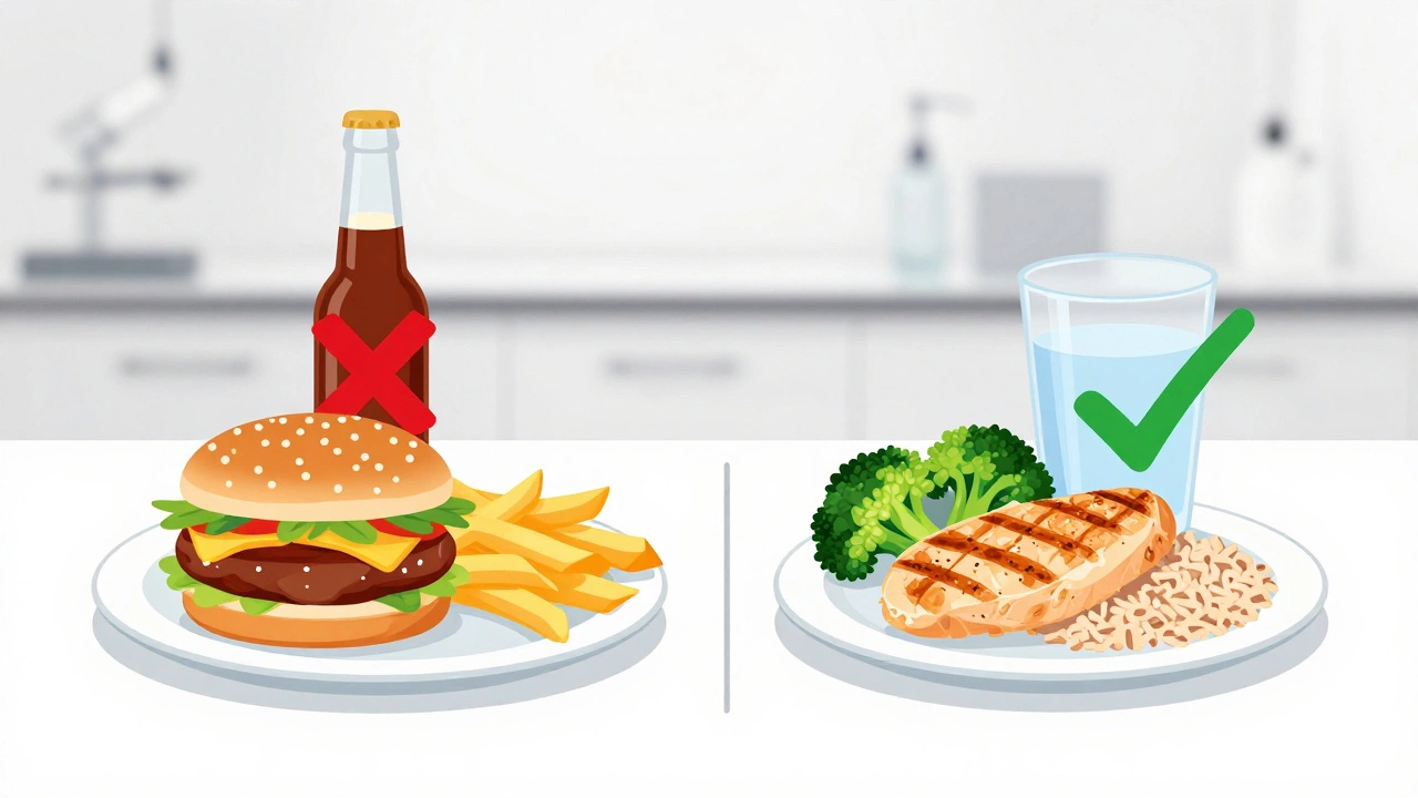 Два противоположных блюда: здоровая еда и запрещённые продукты перед анализом.