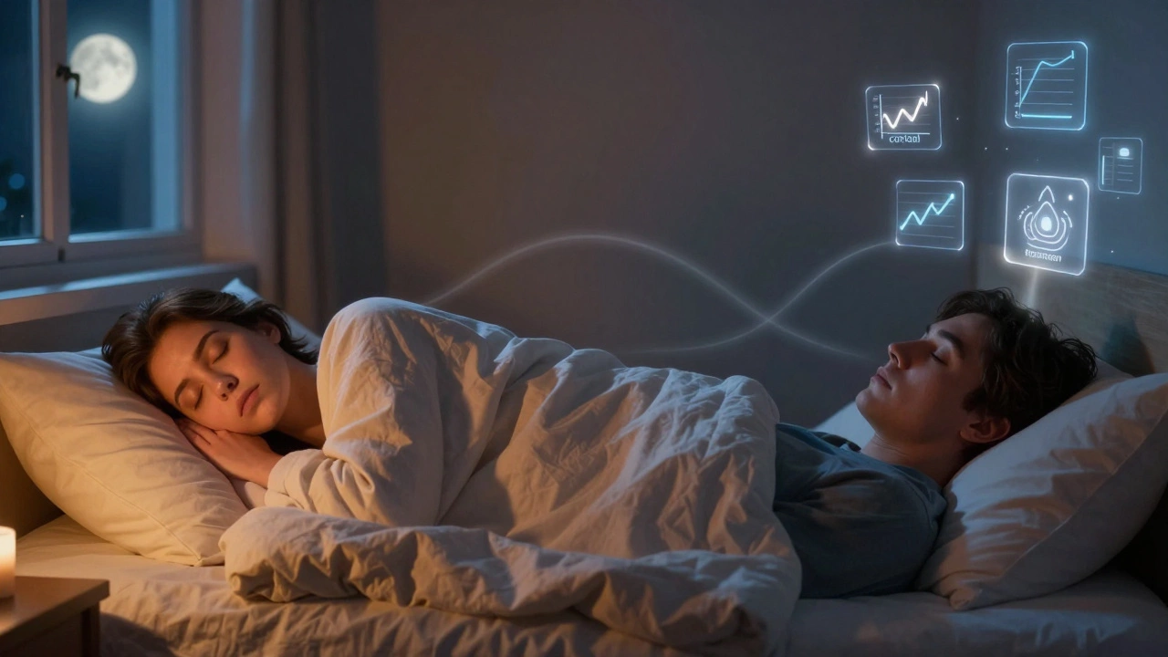 Два состояния одного человека: спящий и бессонный — с графическими обозначениями гормональных изменений в крови.