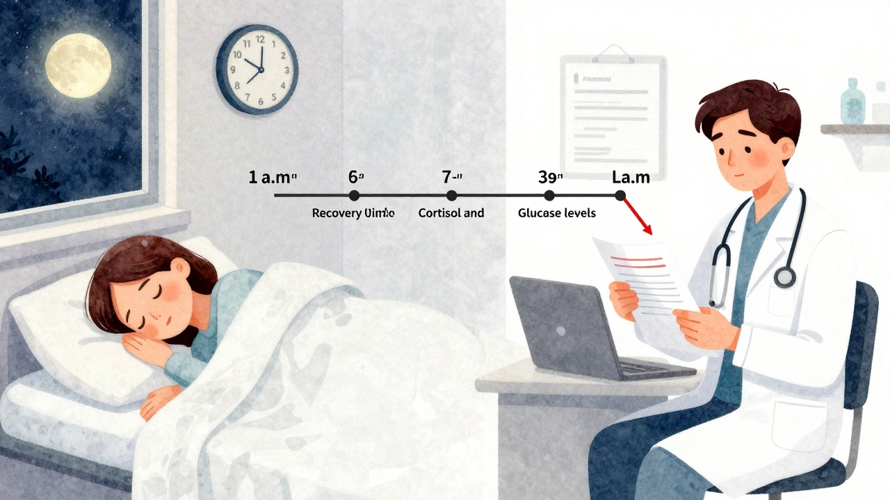 Двухчастная иллюстрация: человек спит и тот же человек с результатами анализов — показан путь восстановления.
