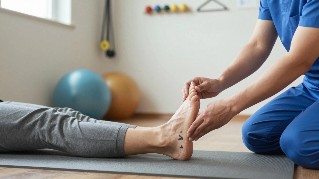 Физиотерапевт помогает пациенту рисовать букву ногой в воздухе для восстановления.