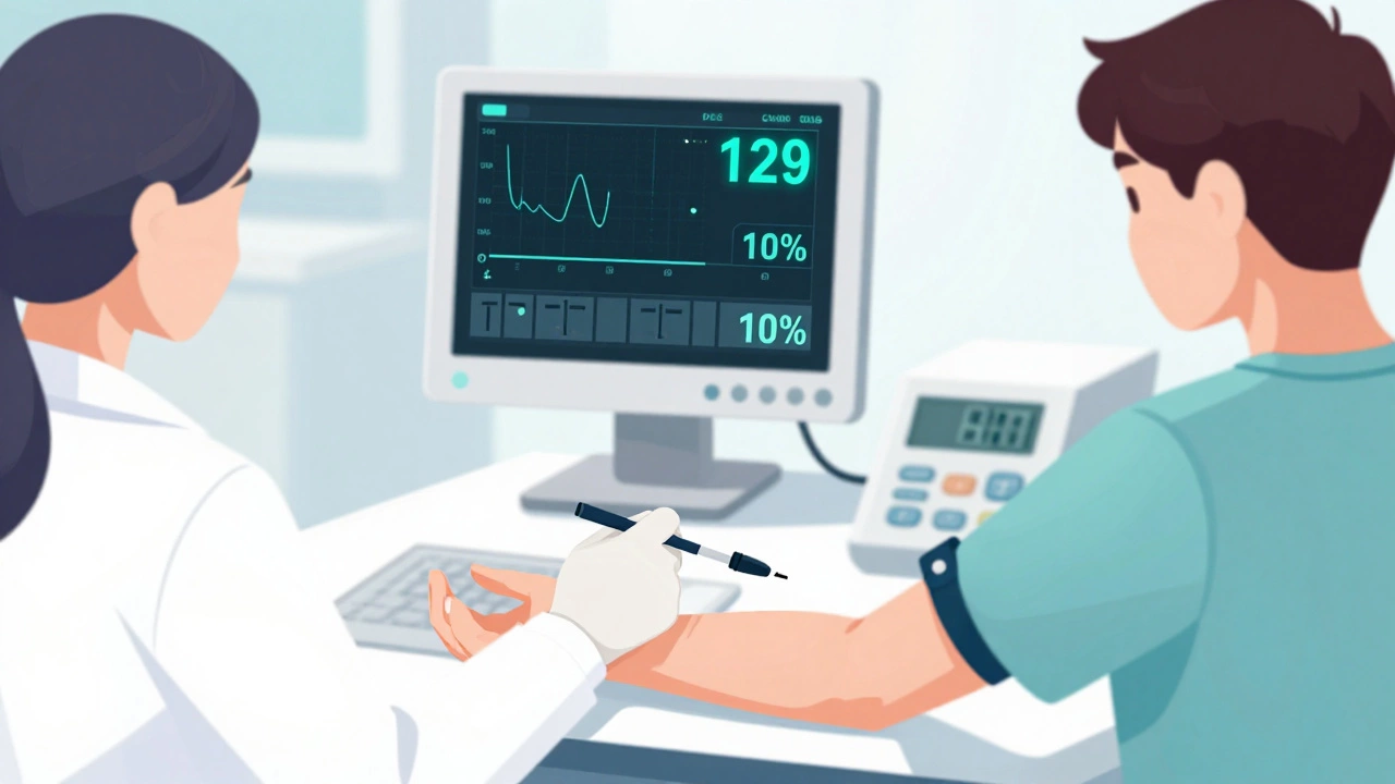 Медсестра берет кровь из вены, на мониторе видны завышенные показатели глюкозы, кортизола и лейкоцитов.