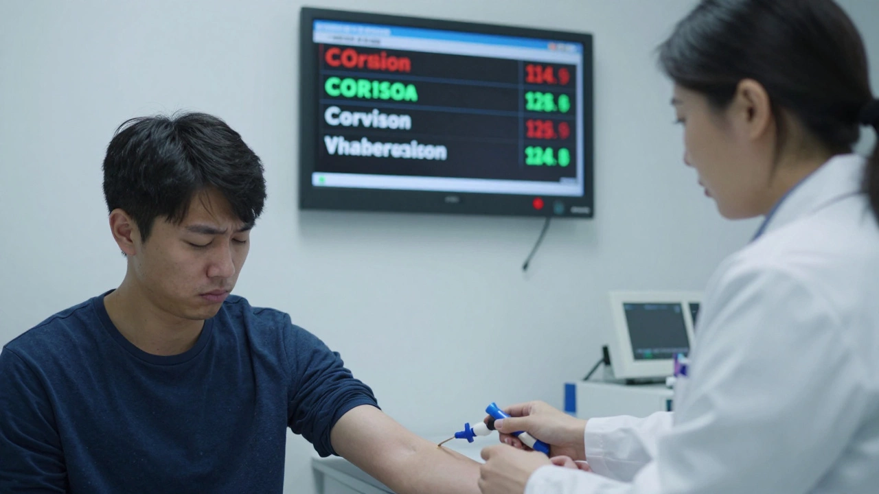 Медсестра берет кровь у уставшего пациента в лаборатории, на экране видны отклонения в показателях.