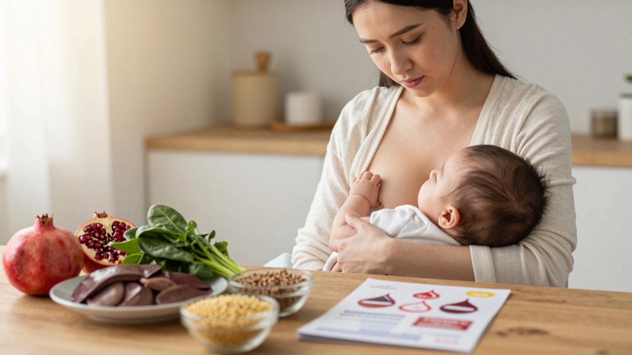 Молодая мать кормит грудью, рядом — продукты, богатые железом, донорская брошюра в стороне.