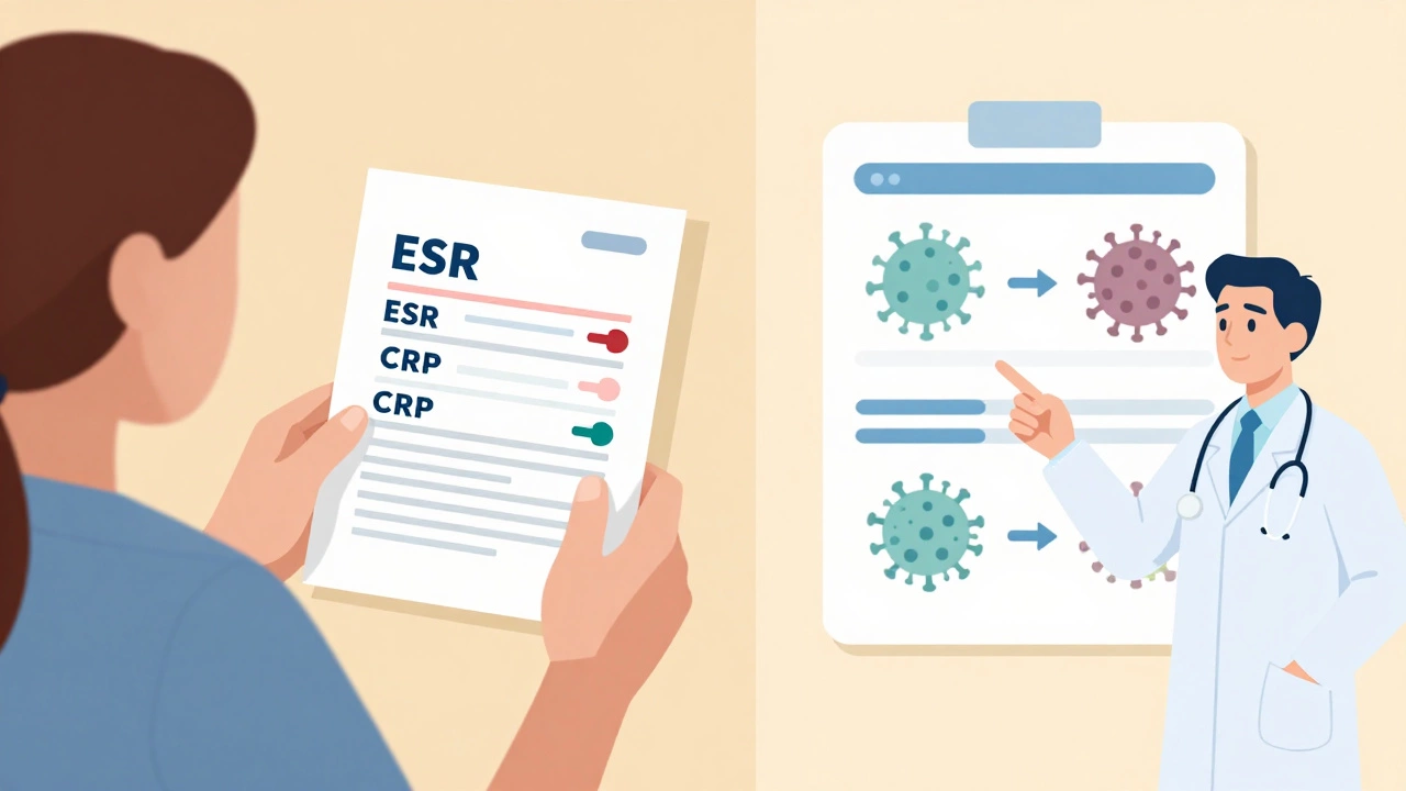 Пациент и врач разбирают результаты анализа крови с акцентом на маркеры воспаления.