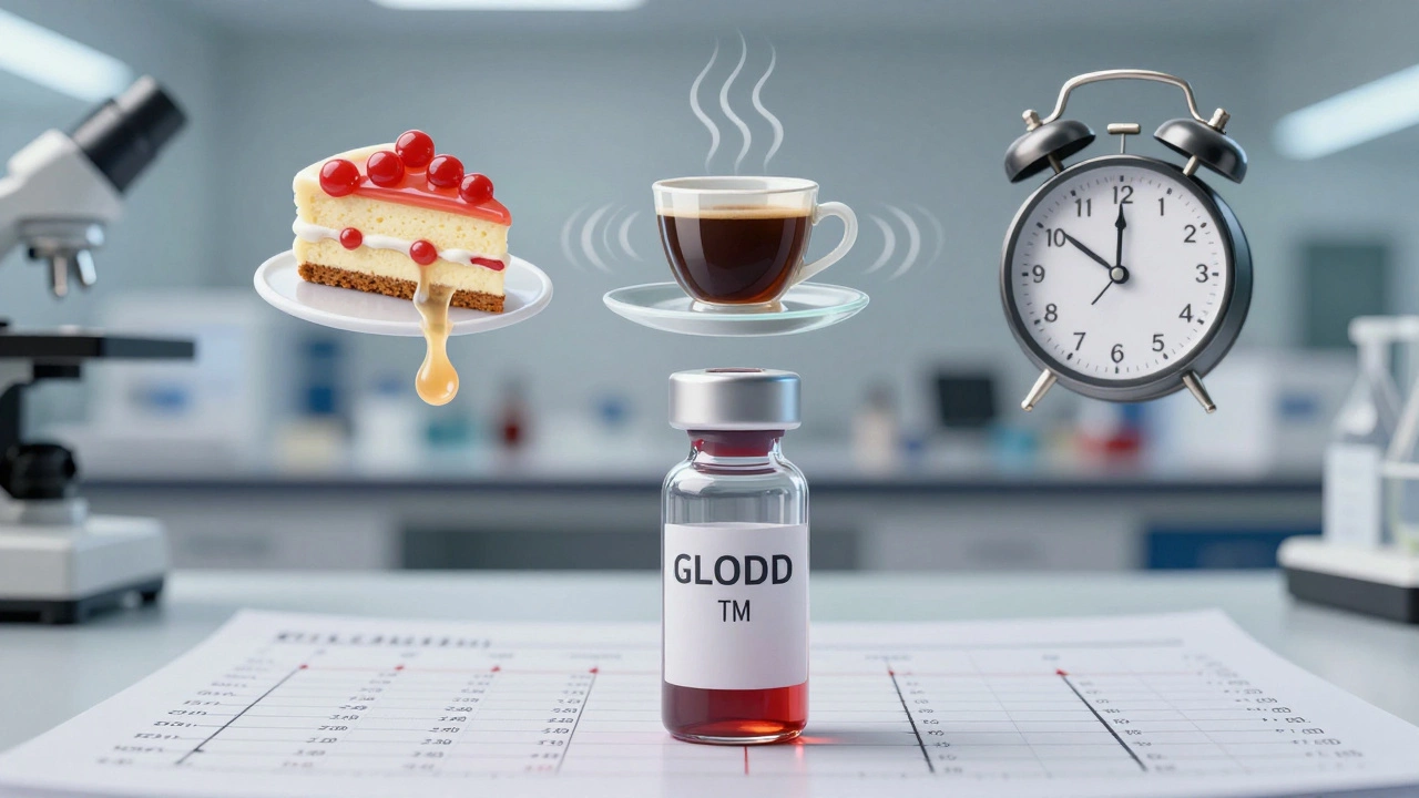 Пробирка с кровью над которой витают символы запрещённых продуктов и времени, влияющих на уровень сахара.