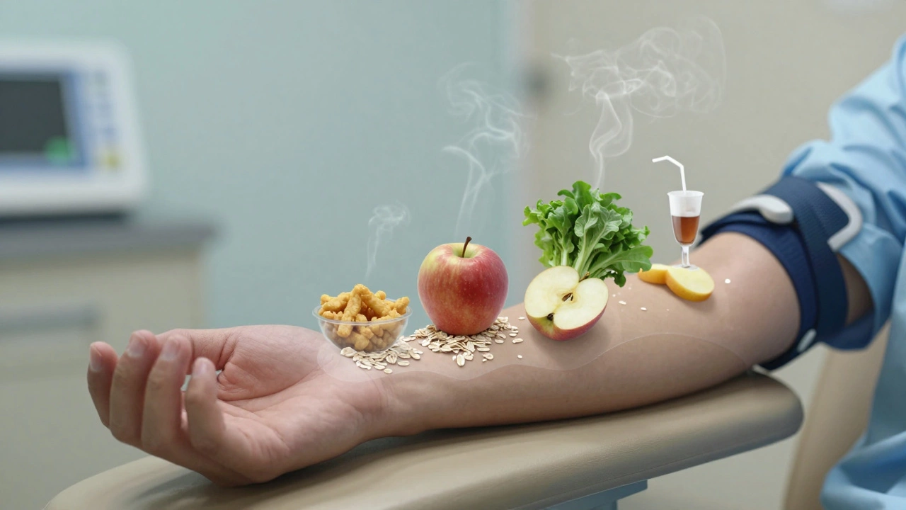 Рука сдаёт кровь, вокруг неё плавают полезные продукты, а вредные растворяются.