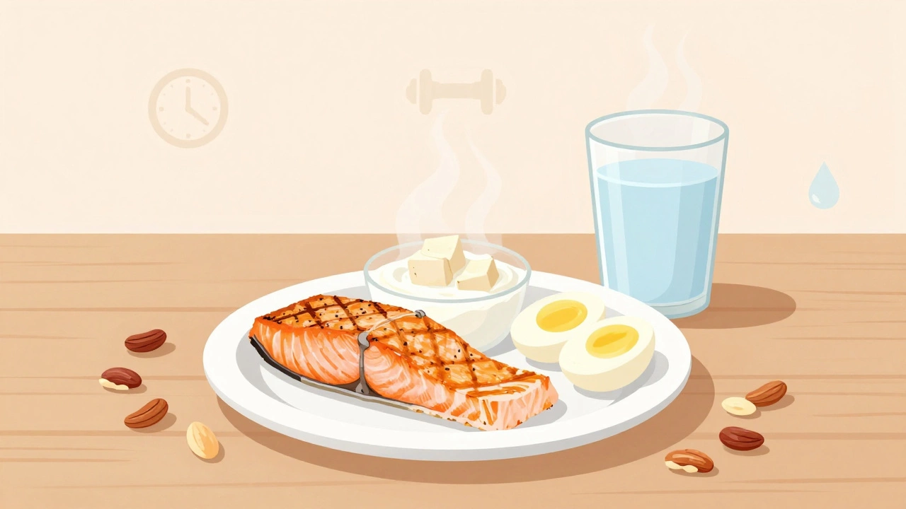 Сбалансированный обед после 40: рыба, яйца, йогурт, тофу и орехи на деревянном столе.