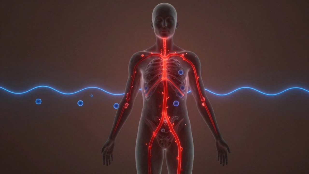 Схематичное изображение крови с ростом СРБ и лимфоцитов при воспалении.