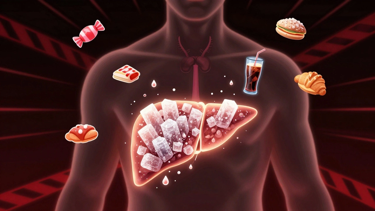 Схематичное изображение печени, перегруженной жиром и фруктозой, с угнетённой щитовидной железой.
