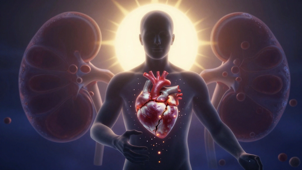 Силуэт человека с внутренними потоками калия и поврежденным сердцем