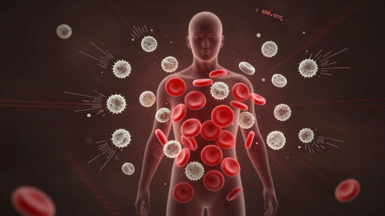 Силуэт человека, внутри которого кровяные клетки показывают аномалии: маленькие эритроциты, избыток лейкоцитов и тромбоцитов.