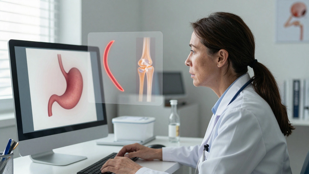 Женщина в кабинете врача смотрит на результаты анализа крови, на фоне — скрытые признаки болезней.