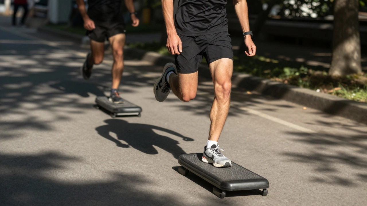Бегун стоит на одной ноге на баланс-платформе, символизируя восстановление стабильности после травмы.